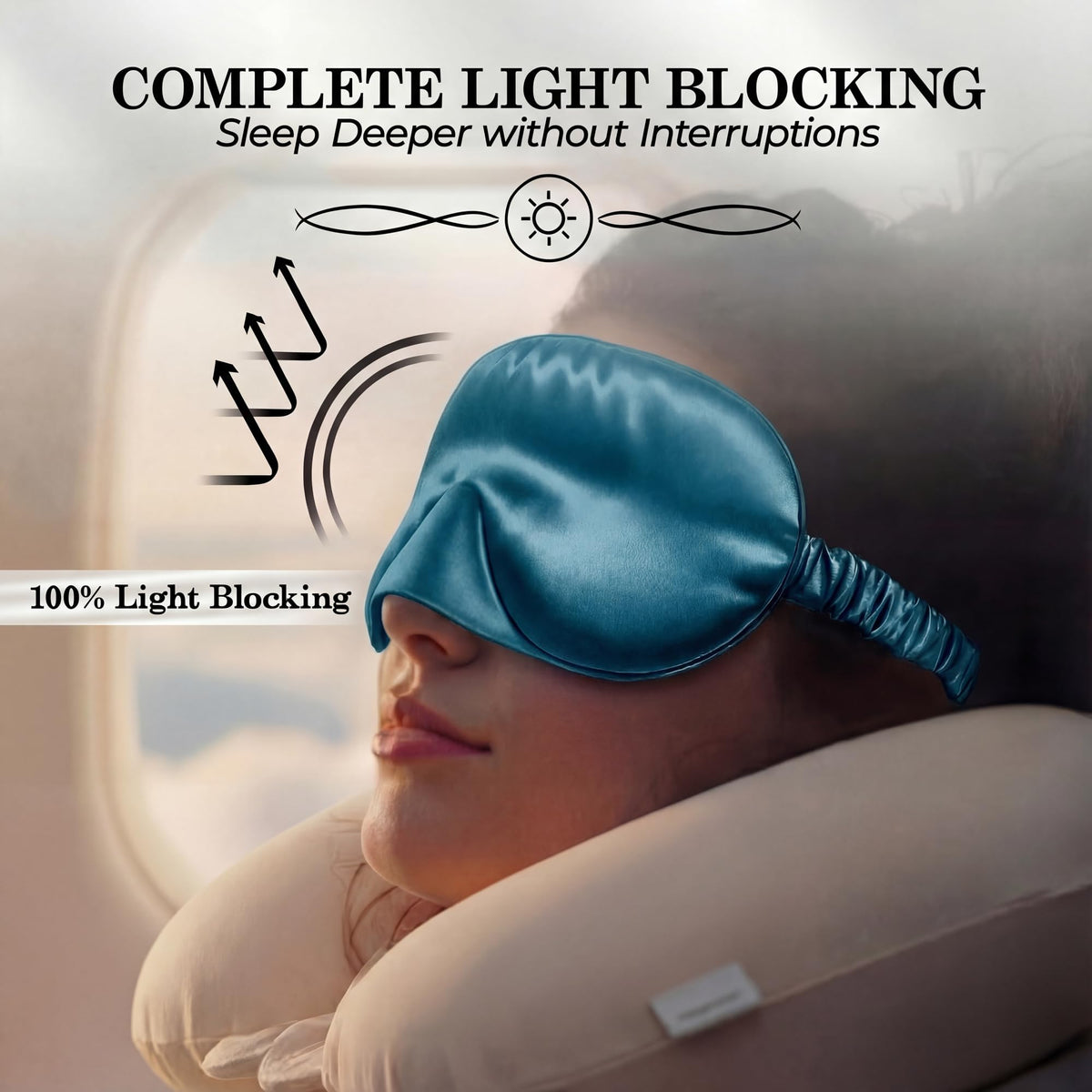 Person reclining with a neck pillow and teal sleep mask, with light reflection arrows beneath "Complete Light Blocking".