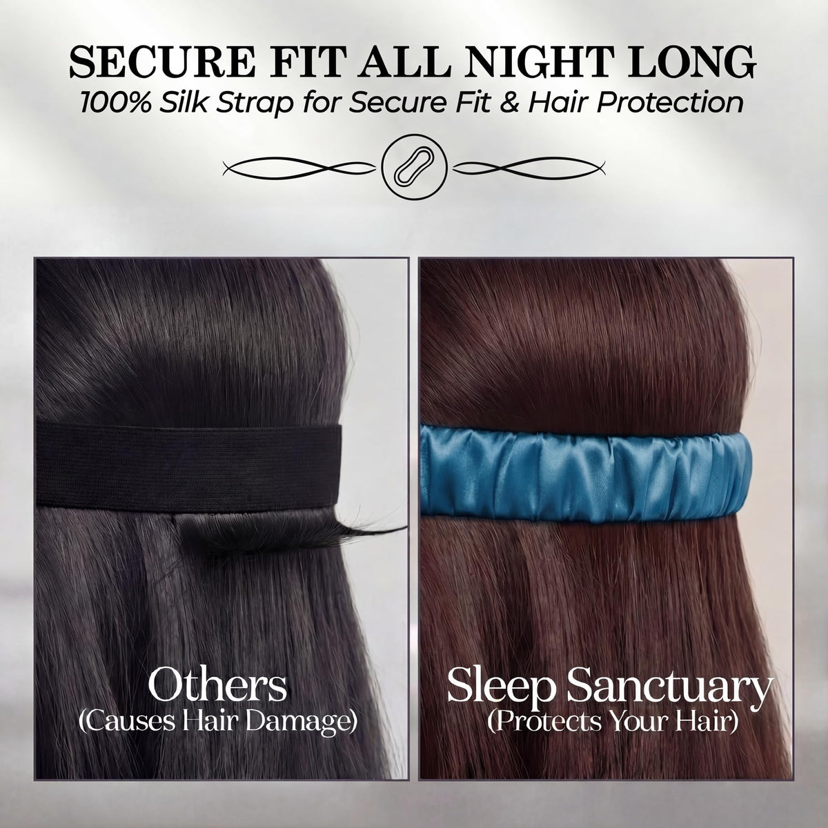 Side by side view of hair under a plain black strap and a teal gathered sleep mask strap beneath "Secure Fit All Night Long".