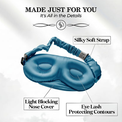 Inside of a teal contoured sleep mask, with labels pointing to the gathered strap, nose cover and recessed eye cups.