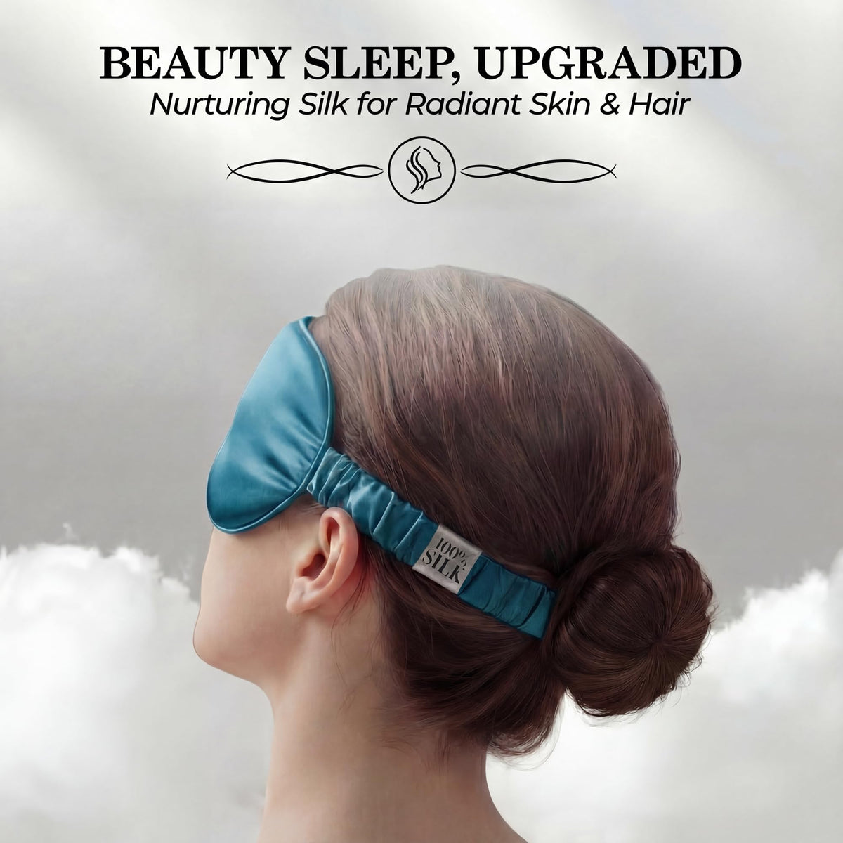 Side and rear view of a person wearing a teal sleep mask with a gathered strap beneath "Beauty Sleep, Upgraded".