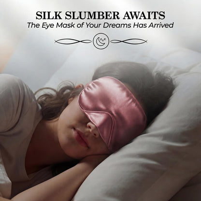 Person sleeping on their side wearing a rose pink sleep mask beneath "Silk Slumber Awaits".