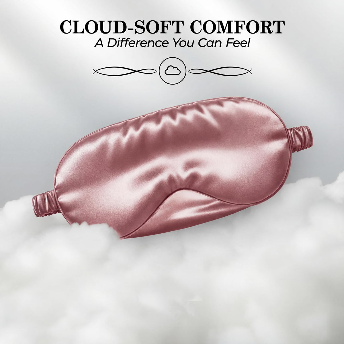 Rose pink sleep mask resting on white cloudlike fluff beneath "Cloud-Soft Comfort".