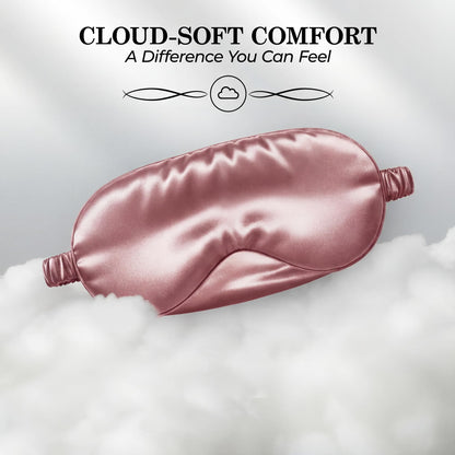 Rose pink sleep mask resting on white cloudlike fluff beneath "Cloud-Soft Comfort".