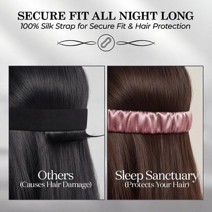 Side by side view of hair under a plain black strap and a rose pink gathered sleep mask strap beneath "Secure Fit All Night Long".