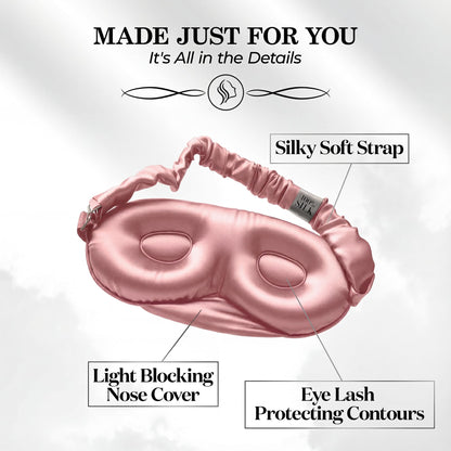 Inside of a rose pink contoured sleep mask, with labels pointing to the gathered strap, nose cover and recessed eye cups.