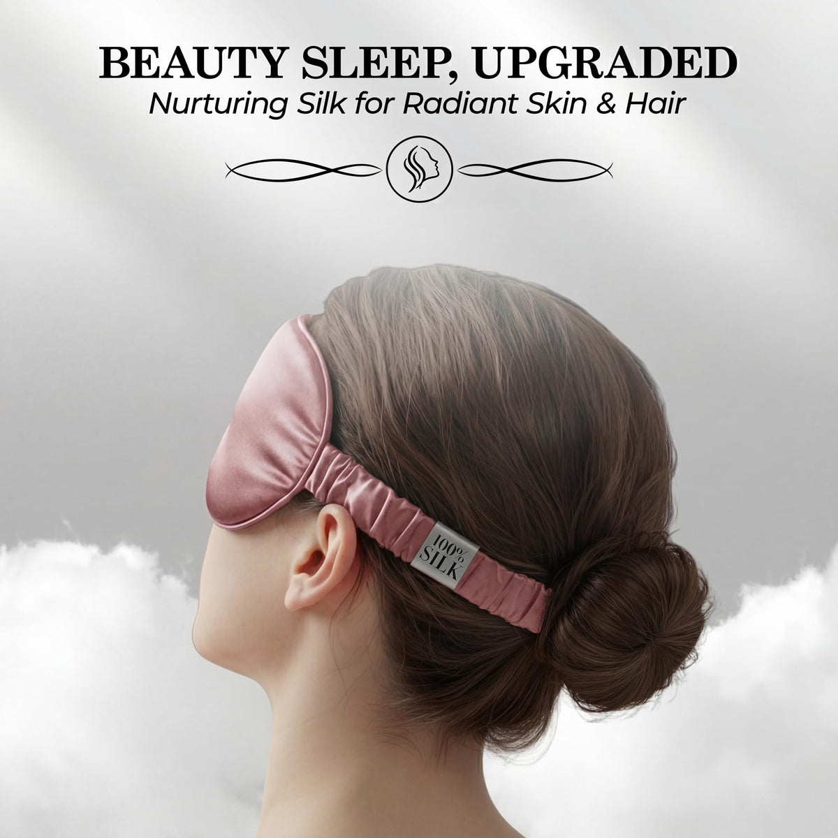Side and rear view of a person wearing a rose pink sleep mask with a gathered strap beneath "Beauty Sleep, Upgraded".
