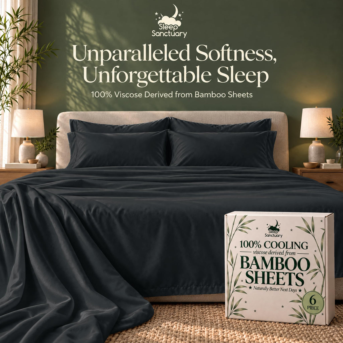 Black sheets and matching pillows on a bed beside a sheet box, beneath the words "Unparalleled Softness, Unforgettable Sleep".