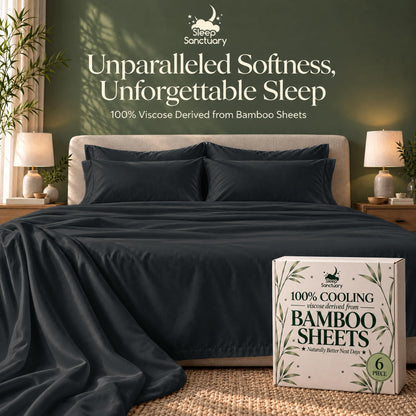 Black sheets and matching pillows on a bed beside a sheet box, beneath the words "Unparalleled Softness, Unforgettable Sleep".
