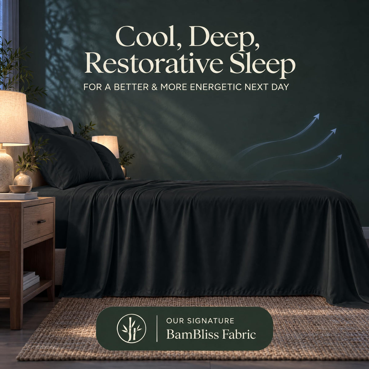 Black bedding with blue airflow arrows and the heading "Cool, Deep, Restorative Sleep" in a BamBliss fabric graphic.