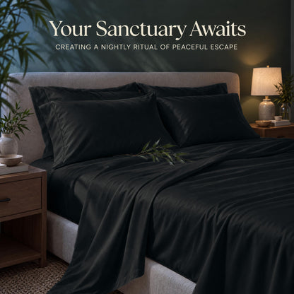 Black sheets and matching pillows on a bed beside a lamp, beneath the heading "Your Sanctuary Awaits".