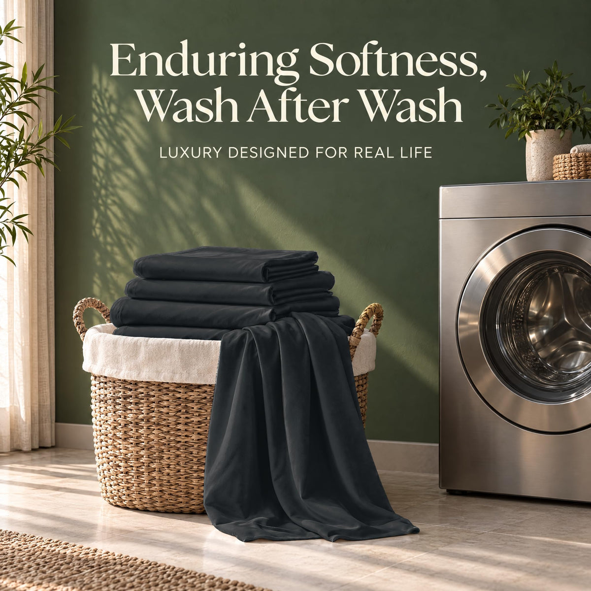 Folded black sheets on a wicker basket beside a washing machine, with the words "Enduring Softness, Wash After Wash".