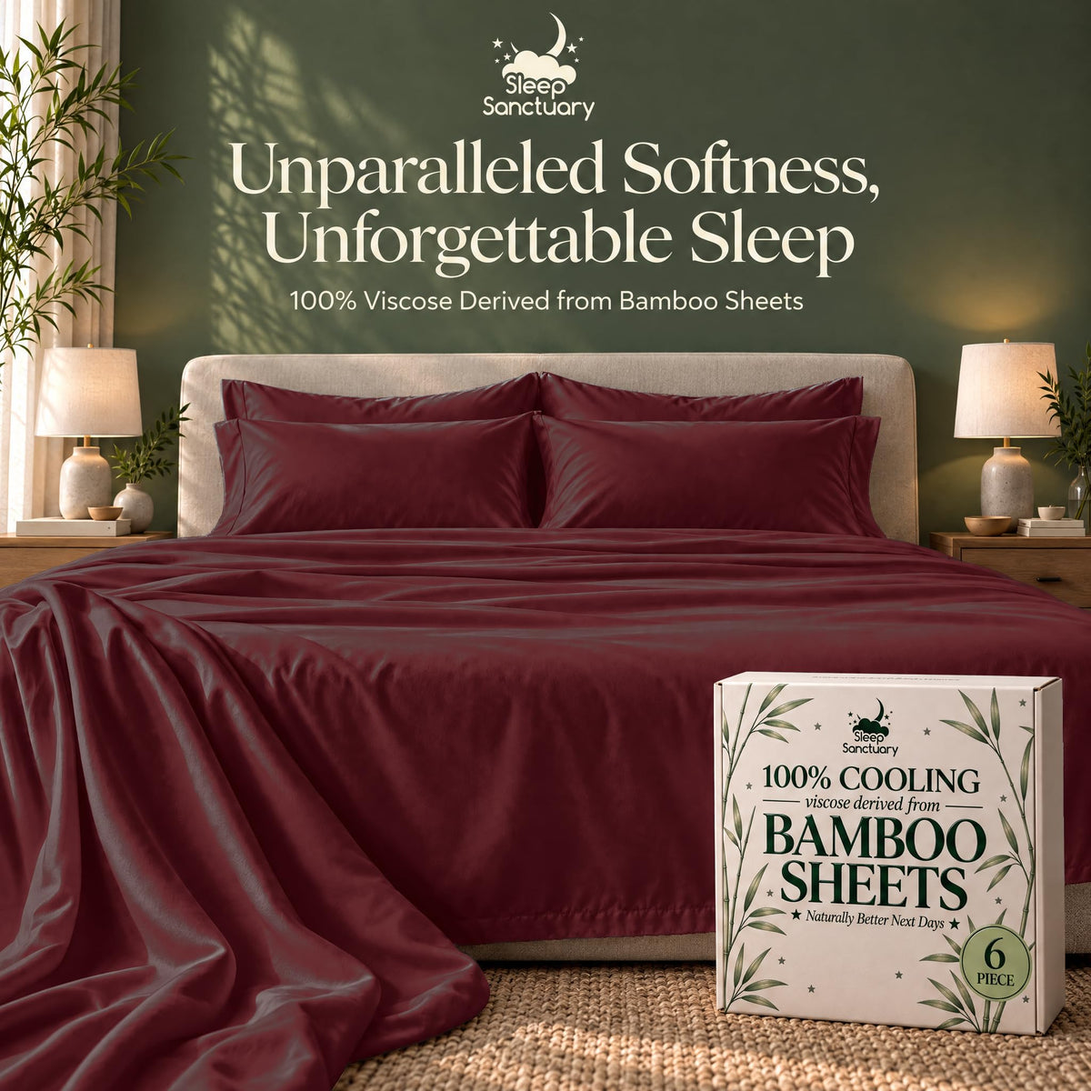 Burgundy sheets and matching pillows on a bed beside a sheet box, beneath the words "Unparalleled Softness, Unforgettable Sleep".