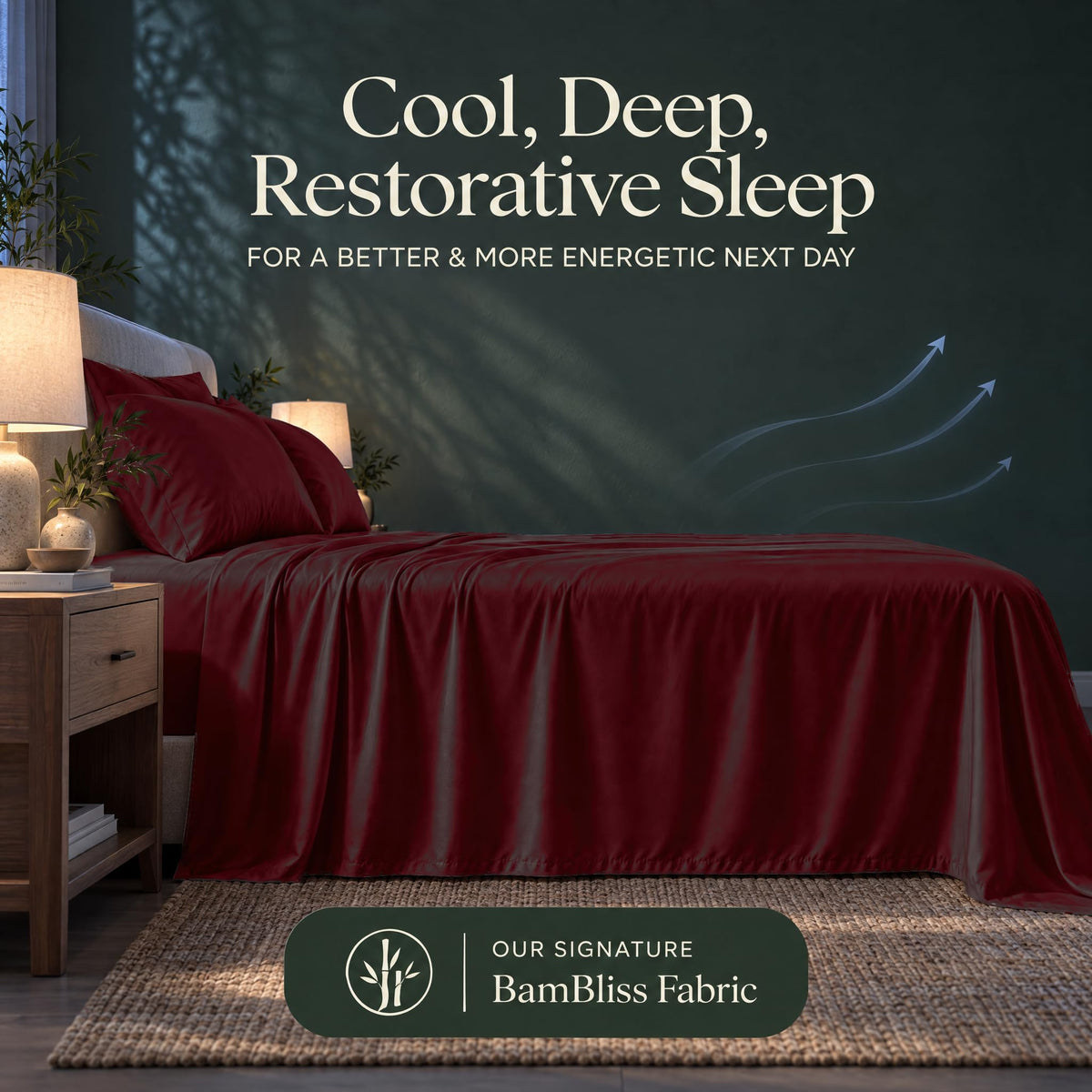 Burgundy bedding with blue airflow arrows and the heading "Cool, Deep, Restorative Sleep" in a BamBliss fabric graphic.