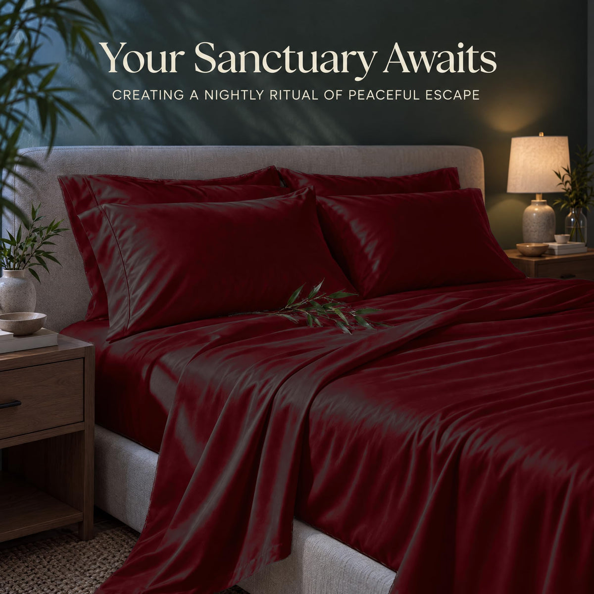 Burgundy sheets and matching pillows on a bed beside a lamp, beneath the heading "Your Sanctuary Awaits".
