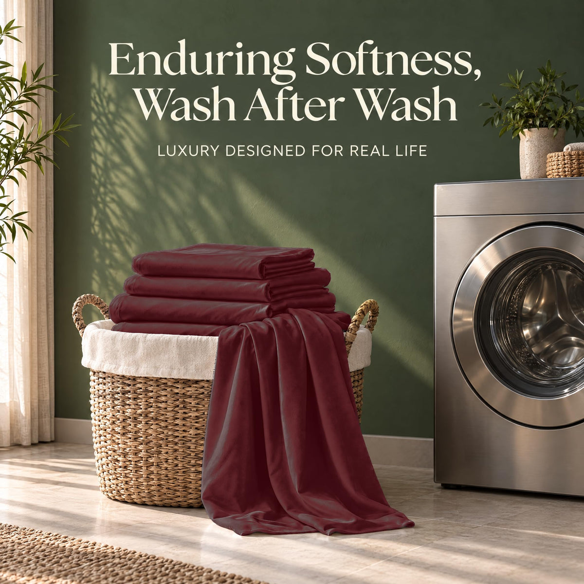Folded burgundy sheets on a wicker basket beside a washing machine, with the words "Enduring Softness, Wash After Wash".