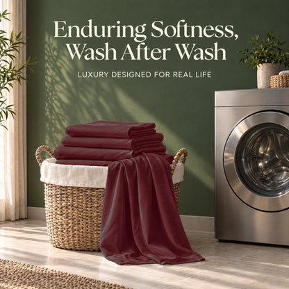 Folded burgundy sheets on a wicker basket beside a washing machine, with the words "Enduring Softness, Wash After Wash".