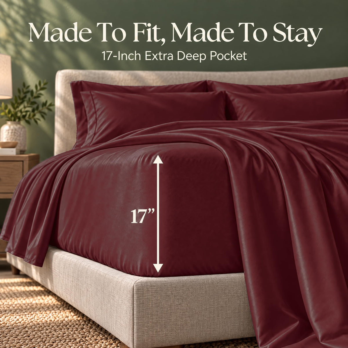 Burgundy fitted sheet on a bed, with an arrow labeling the pocket depth as 17 inches.