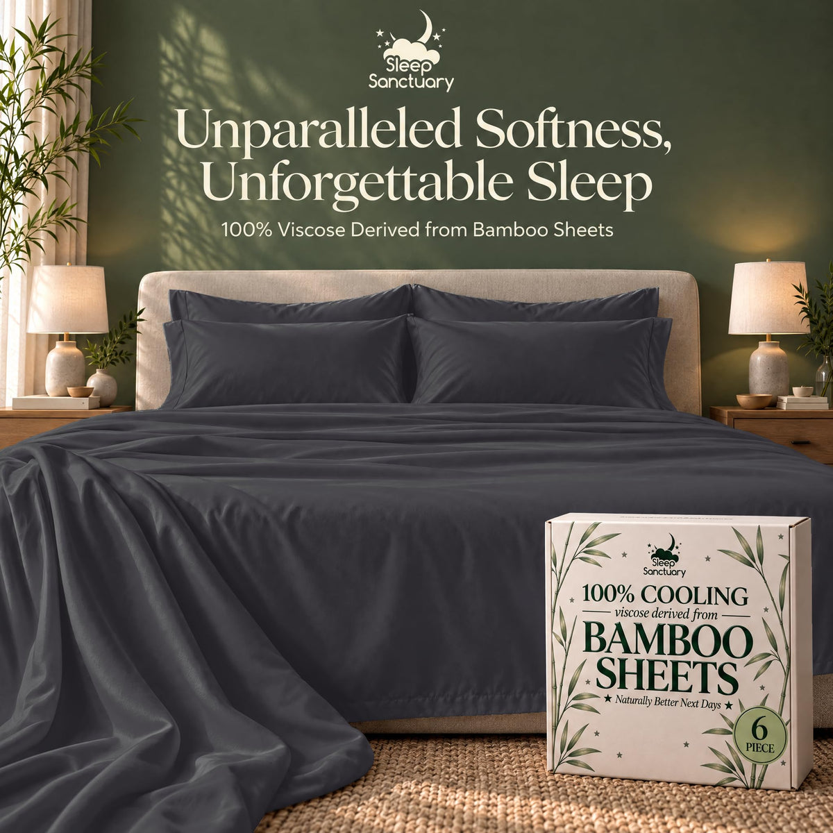 Dark gray sheets and matching pillows on a bed beside a sheet box, beneath the words "Unparalleled Softness, Unforgettable Sleep".