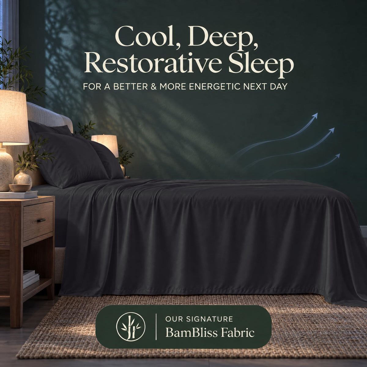 Dark gray bedding with blue airflow arrows and the heading "Cool, Deep, Restorative Sleep" in a BamBliss fabric graphic.