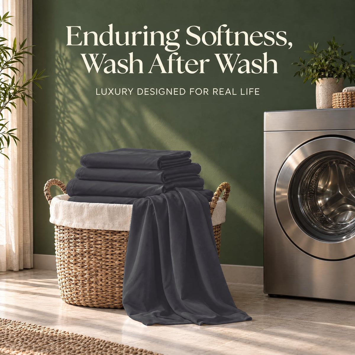Folded dark gray sheets on a wicker basket beside a washing machine, with the words "Enduring Softness, Wash After Wash".