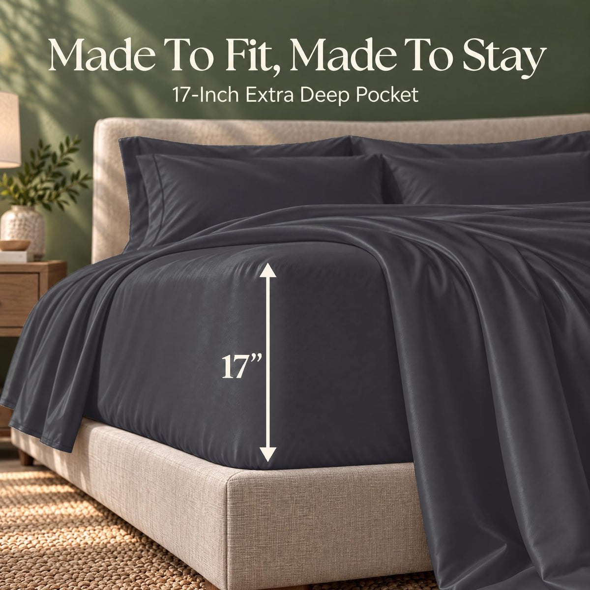 Dark gray fitted sheet on a bed, with an arrow labeling the pocket depth as 17 inches.