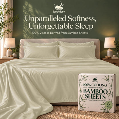 Ivory sheets and matching pillows on a bed beside a sheet box, beneath the words "Unparalleled Softness, Unforgettable Sleep".