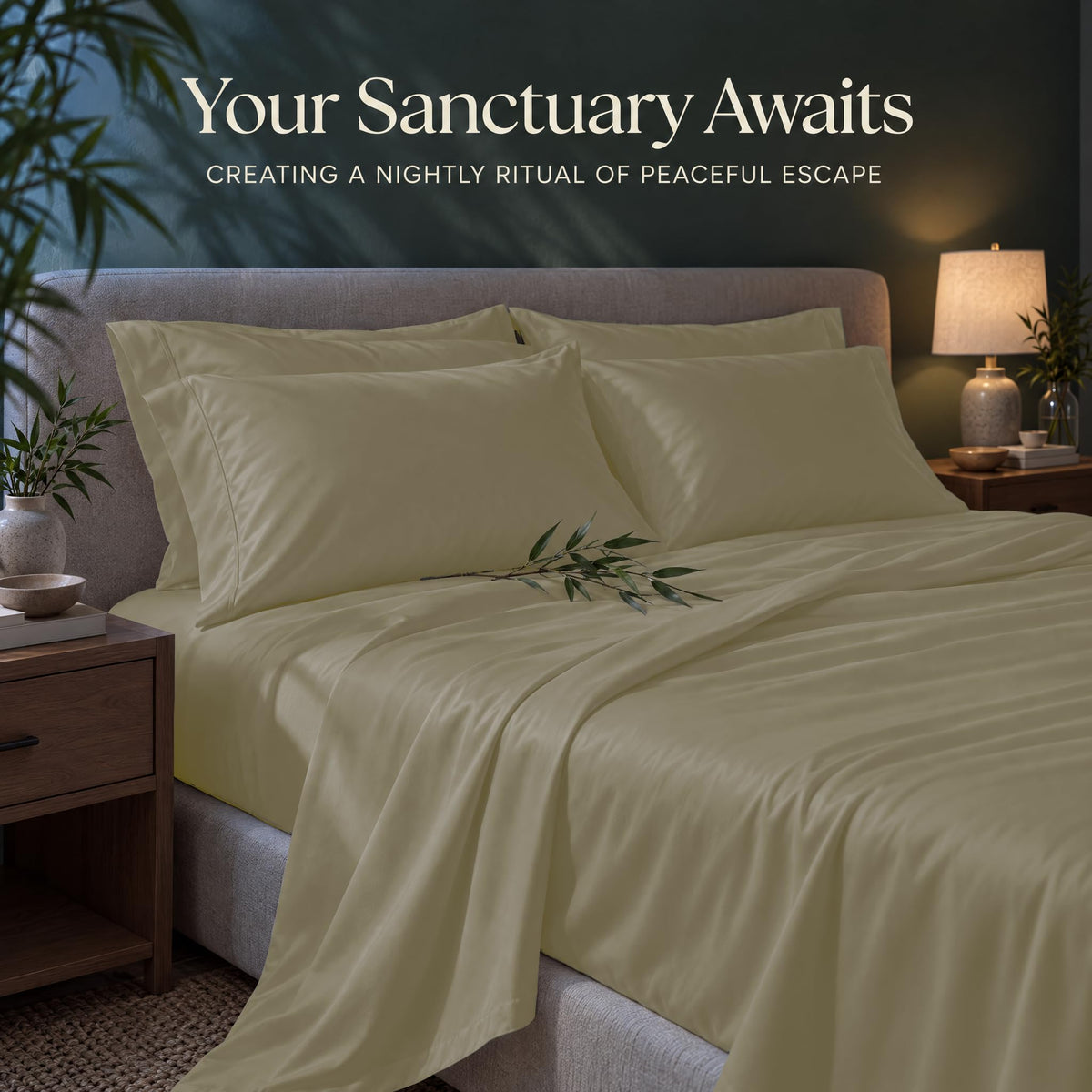 Ivory sheets and matching pillows on a bed beside a lamp, beneath the heading "Your Sanctuary Awaits".
