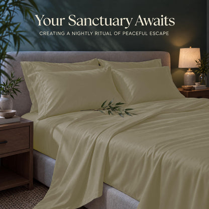 Ivory sheets and matching pillows on a bed beside a lamp, beneath the heading "Your Sanctuary Awaits".
