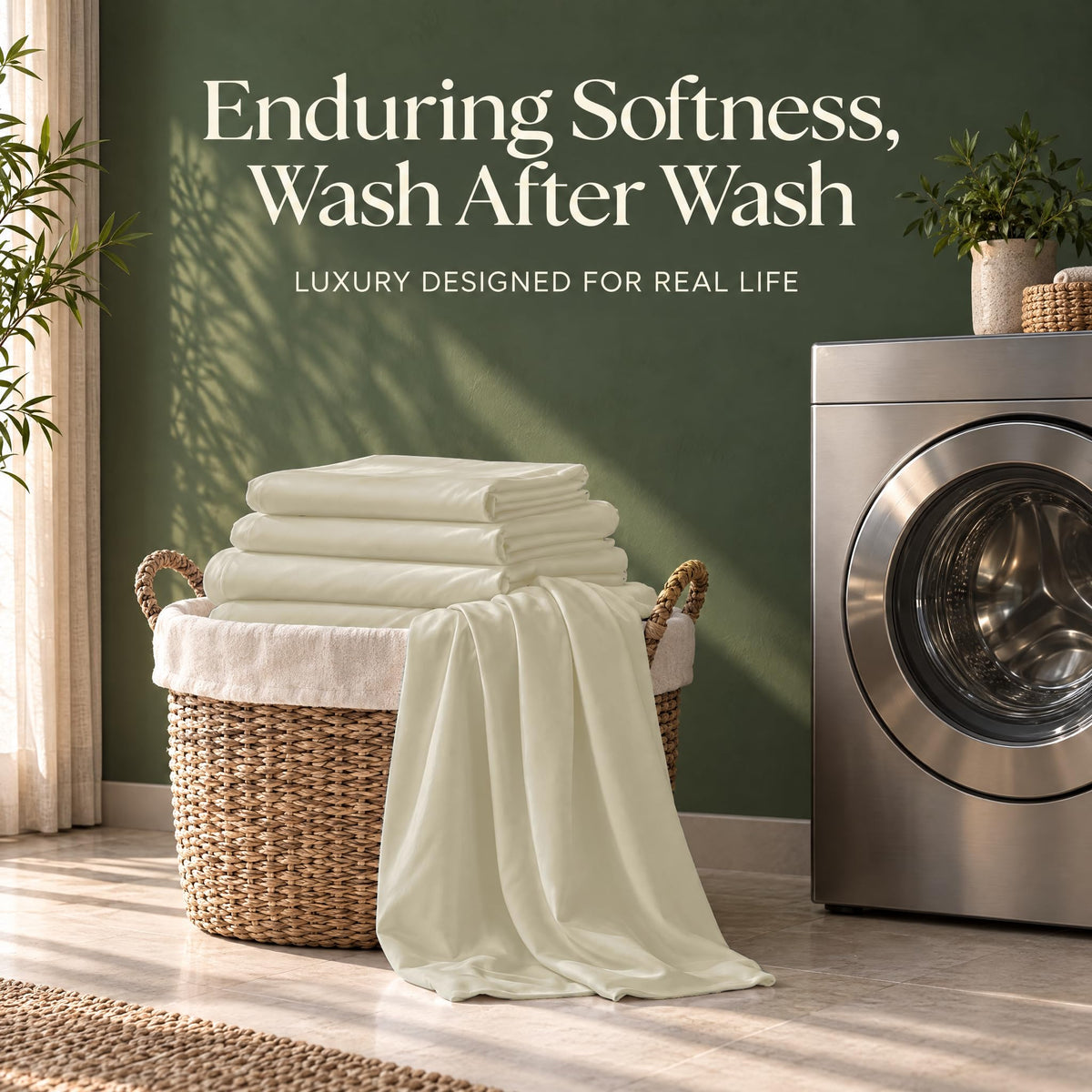 Folded ivory sheets on a wicker basket beside a washing machine, with the words "Enduring Softness, Wash After Wash".