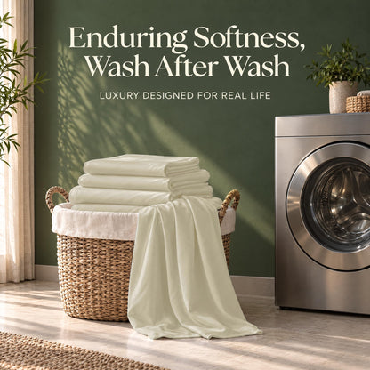 Folded ivory sheets on a wicker basket beside a washing machine, with the words "Enduring Softness, Wash After Wash".
