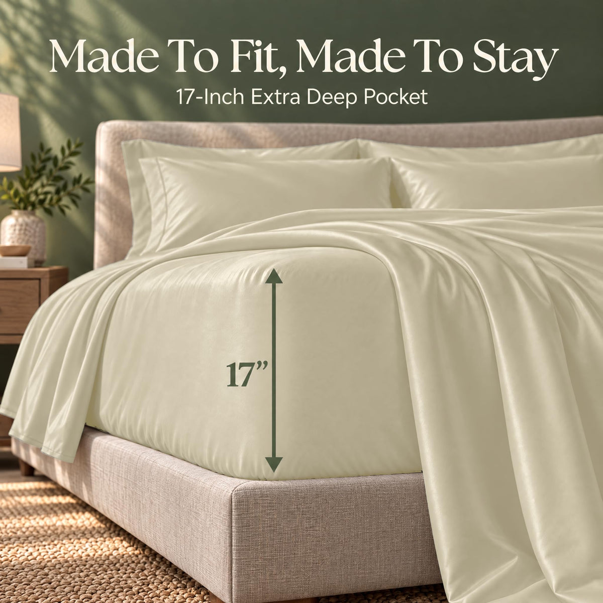 Ivory fitted sheet on a bed, with an arrow labeling the pocket depth as 17 inches.