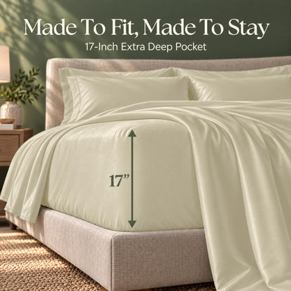 Ivory fitted sheet on a bed, with an arrow labeling the pocket depth as 17 inches.