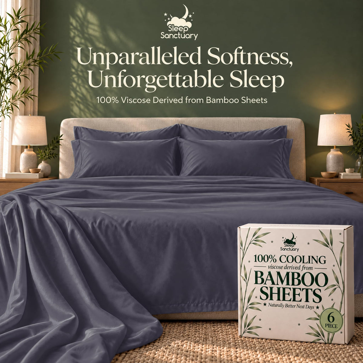 Slate blue sheets and matching pillows on a bed beside a sheet box, beneath the words "Unparalleled Softness, Unforgettable Sleep".