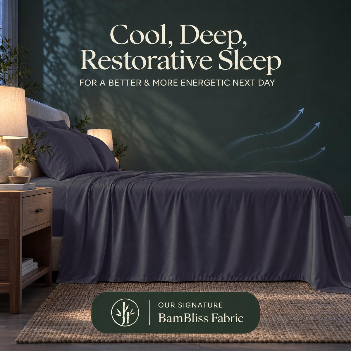 Slate blue bedding with blue airflow arrows and the heading "Cool, Deep, Restorative Sleep" in a BamBliss fabric graphic.