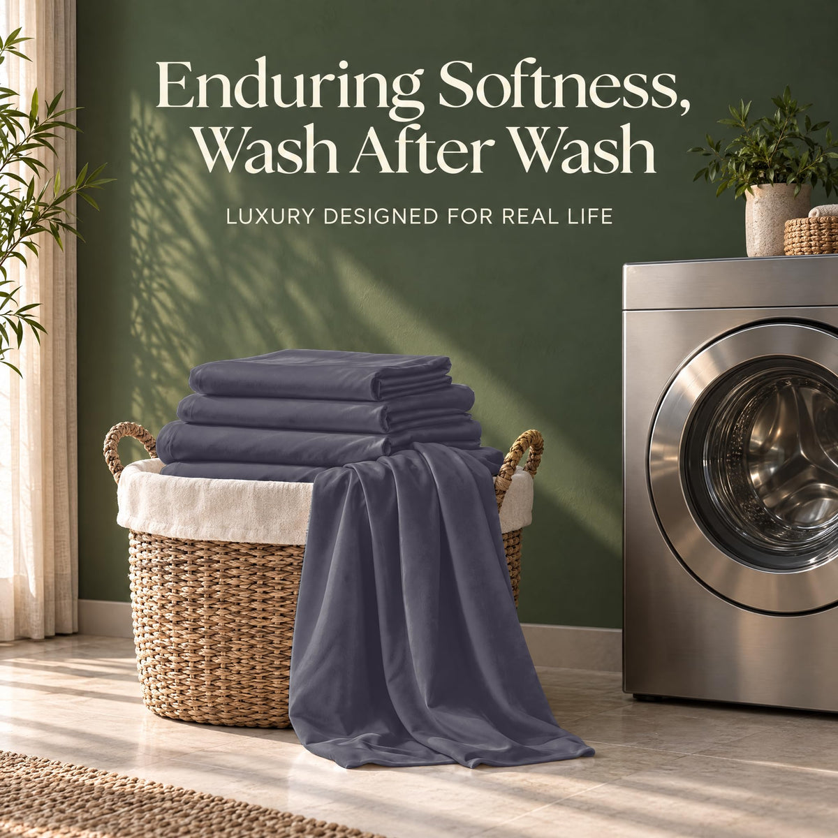Folded slate blue sheets on a wicker basket beside a washing machine, with the words "Enduring Softness, Wash After Wash".