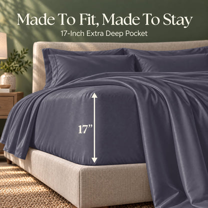 Slate blue fitted sheet on a bed, with an arrow labeling the pocket depth as 17 inches.