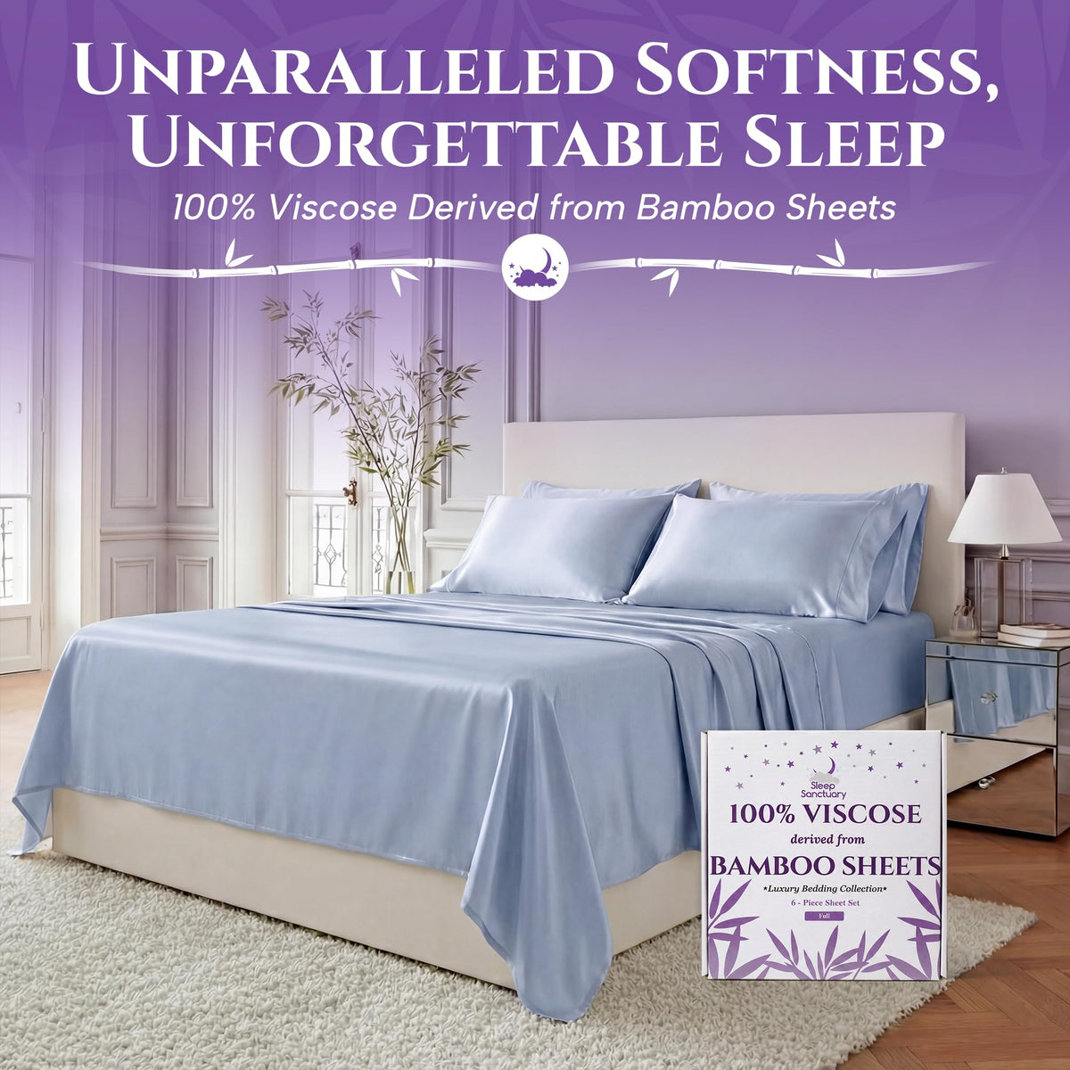 Light blue sheets and matching pillows on a bed beside a sheet box, beneath the words "Unparalleled Softness, Unforgettable Sleep".