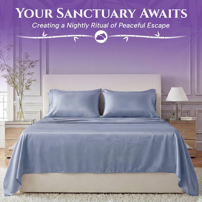 Light blue sheets and matching pillows on a bed beside a lamp, beneath the heading "Your Sanctuary Awaits".