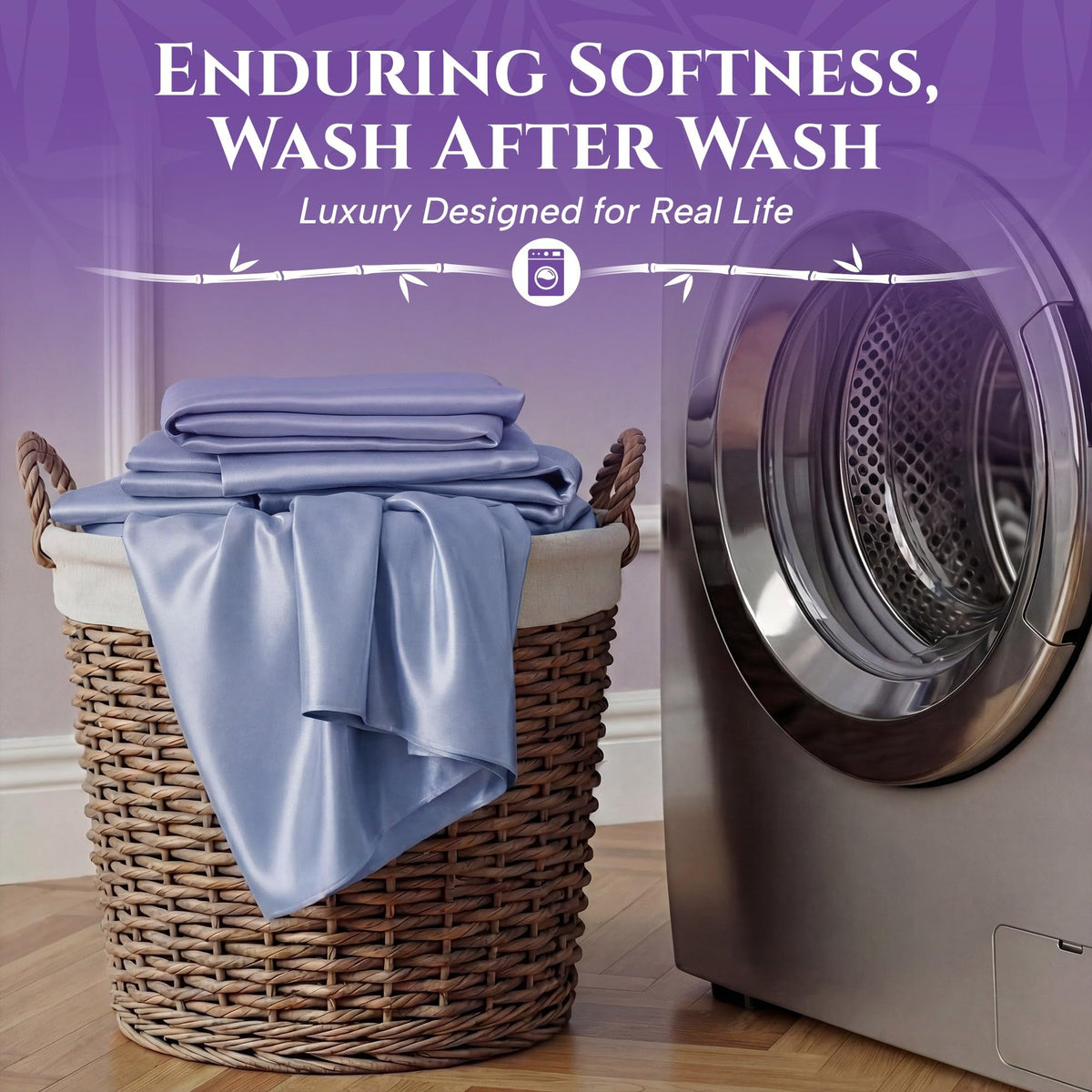 Folded light blue sheets on a wicker basket beside a washing machine, with the words "Enduring Softness, Wash After Wash".