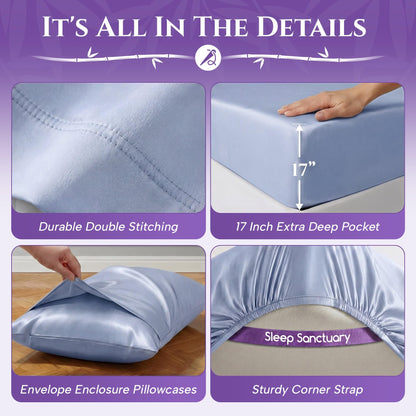 Light blue sheet detail graphic showing double stitching, a 17-inch fitted pocket, an envelope pillowcase and an elastic corner strap.