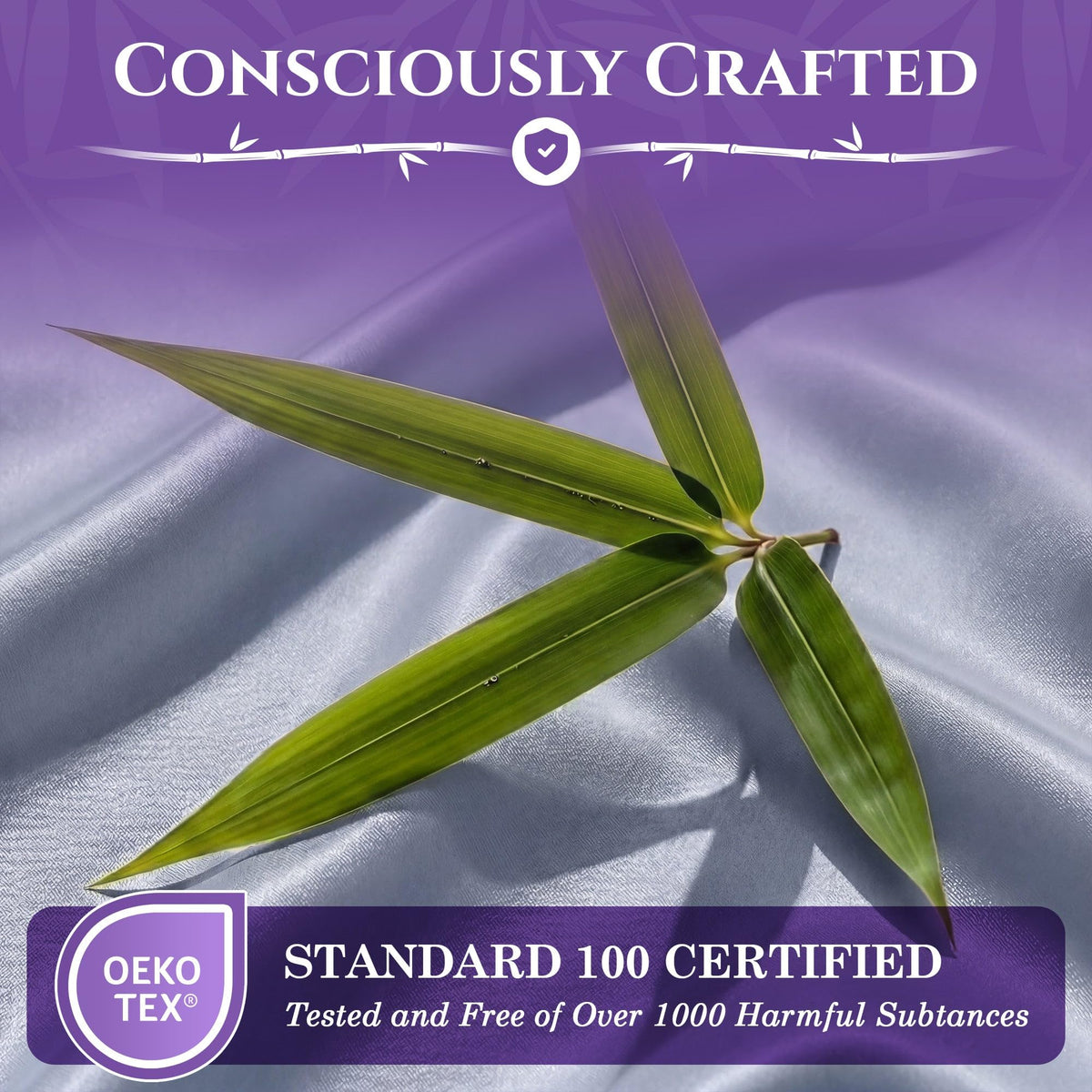 Bamboo leaves on light blue fabric beneath "Consciously Crafted", with an OEKO-TEX Standard 100 certification statement printed below.
