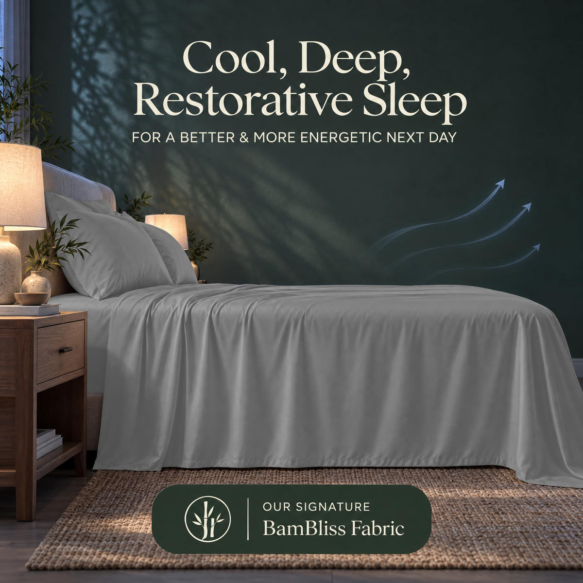 Light gray bedding with blue airflow arrows and the heading "Cool, Deep, Restorative Sleep" in a BamBliss fabric graphic.