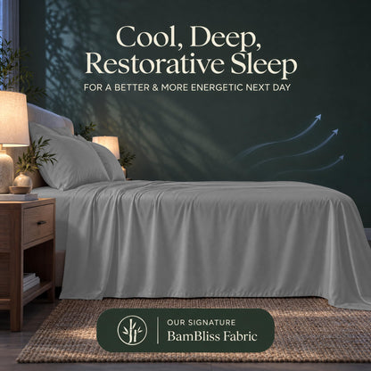 Light gray bedding with blue airflow arrows and the heading "Cool, Deep, Restorative Sleep" in a BamBliss fabric graphic.