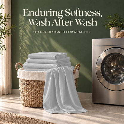 Folded light gray sheets on a wicker basket beside a washing machine, with the words "Enduring Softness, Wash After Wash".