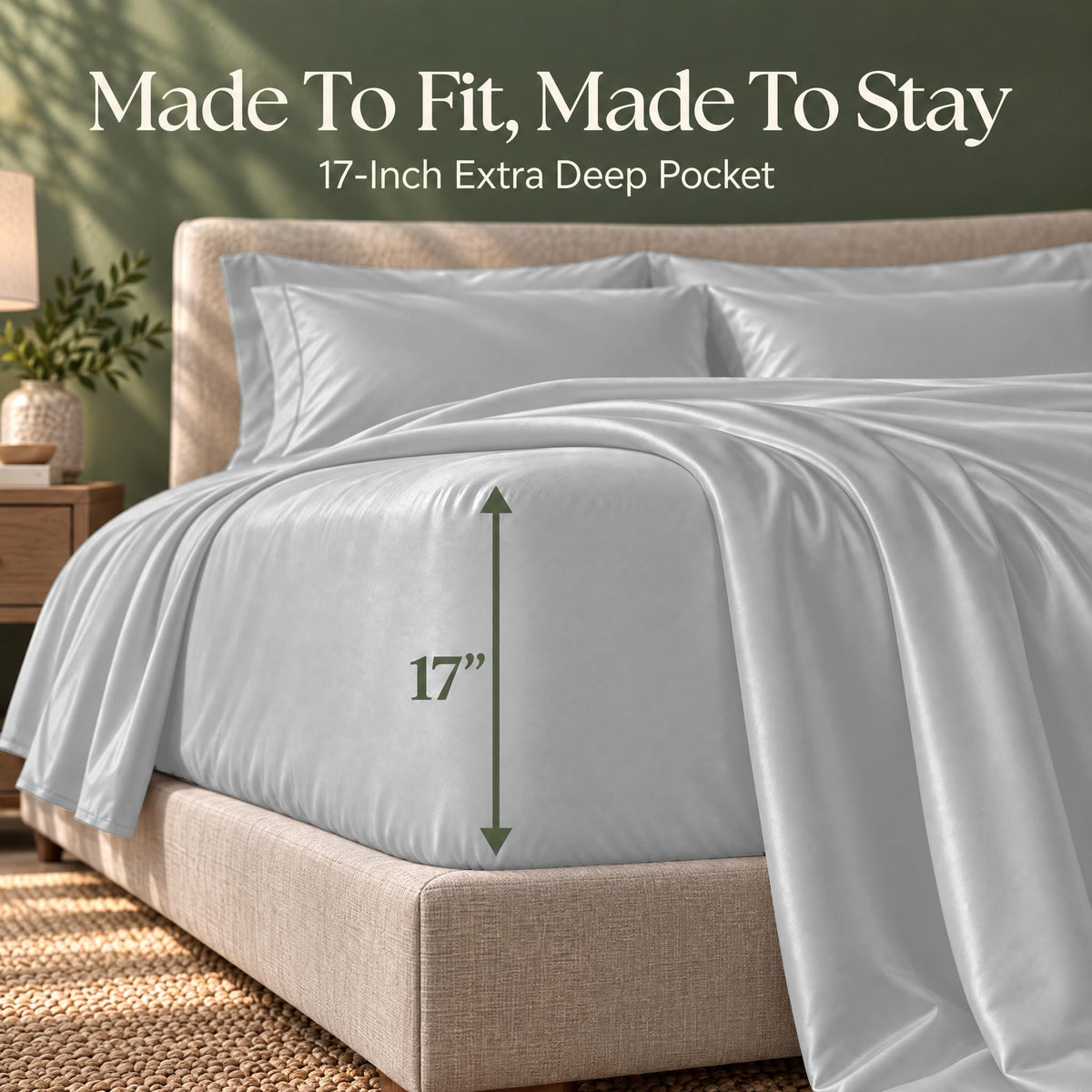 Light gray fitted sheet on a bed, with an arrow labeling the pocket depth as 17 inches.