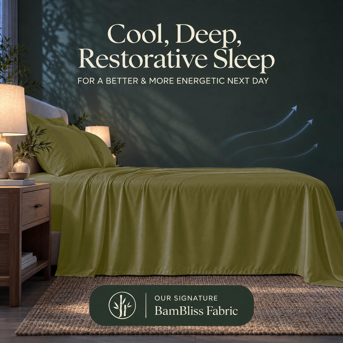 Olive green bedding with blue airflow arrows and the heading "Cool, Deep, Restorative Sleep" in a BamBliss fabric graphic.