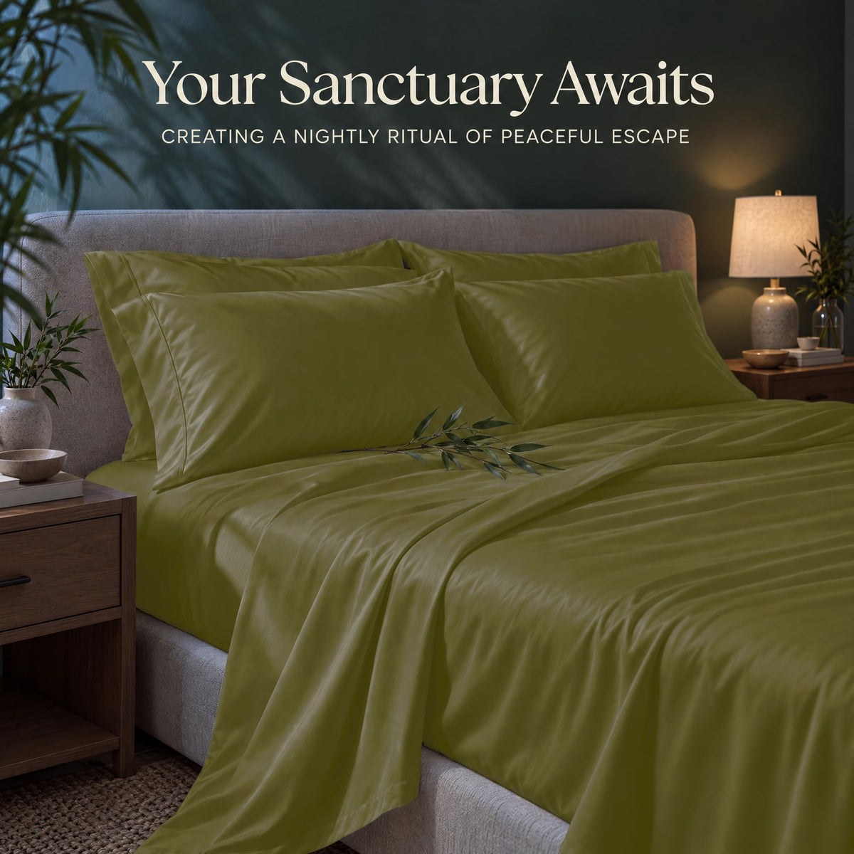 Olive green sheets and matching pillows on a bed beside a lamp, beneath the heading "Your Sanctuary Awaits".