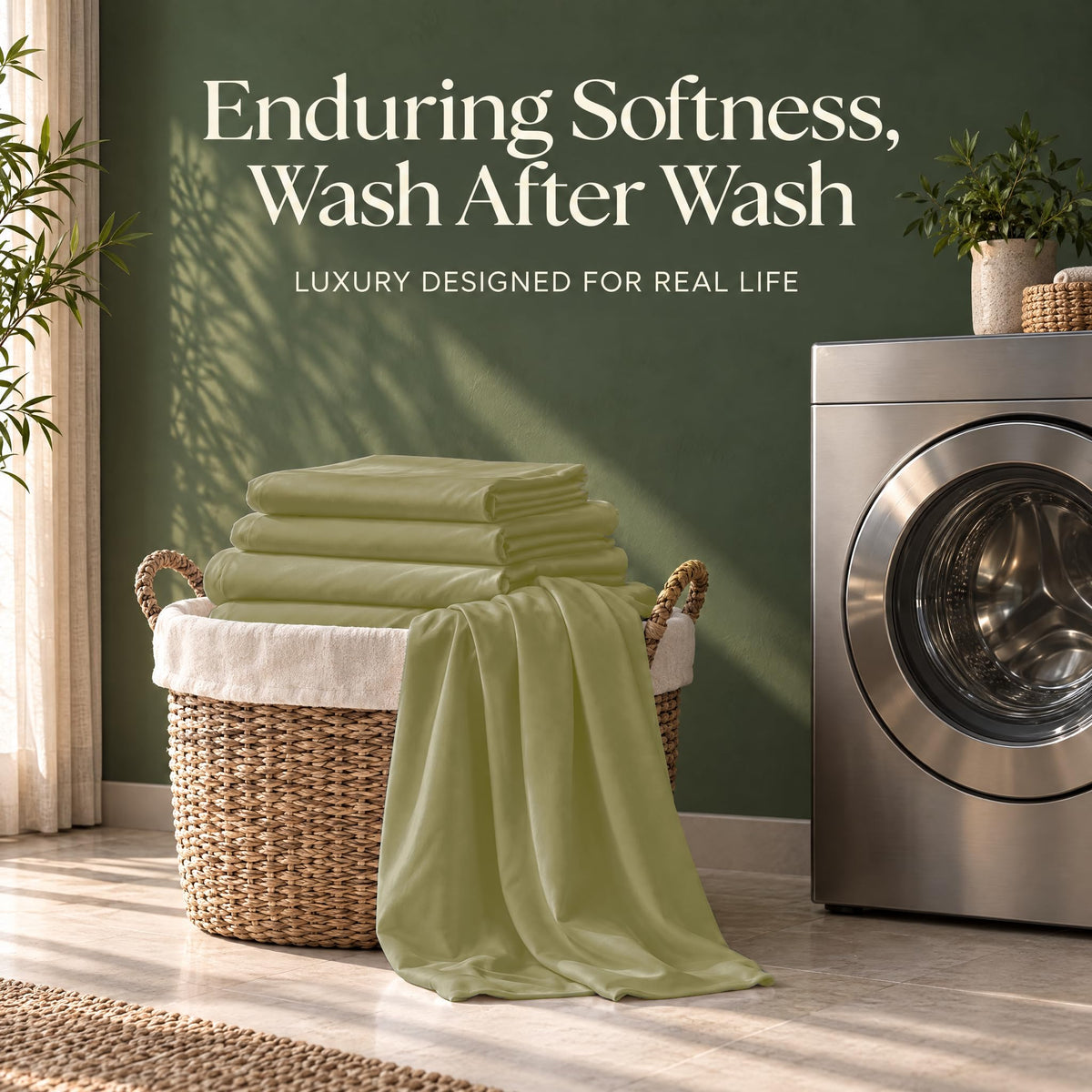Folded olive green sheets on a wicker basket beside a washing machine, with the words "Enduring Softness, Wash After Wash".