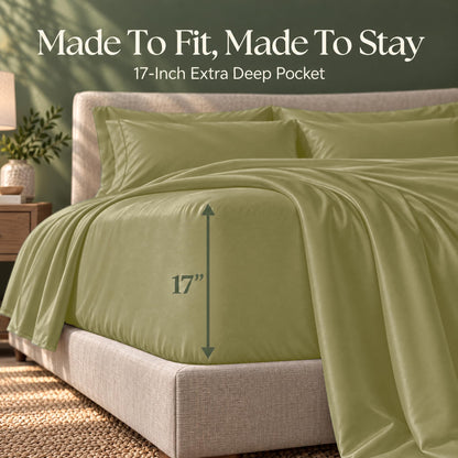 Olive green fitted sheet on a bed, with an arrow labeling the pocket depth as 17 inches.