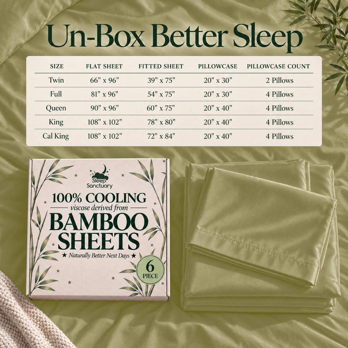 Bamboo sheet size chart for Twin through California King, above olive green folded sheets and a box marked 6 piece.